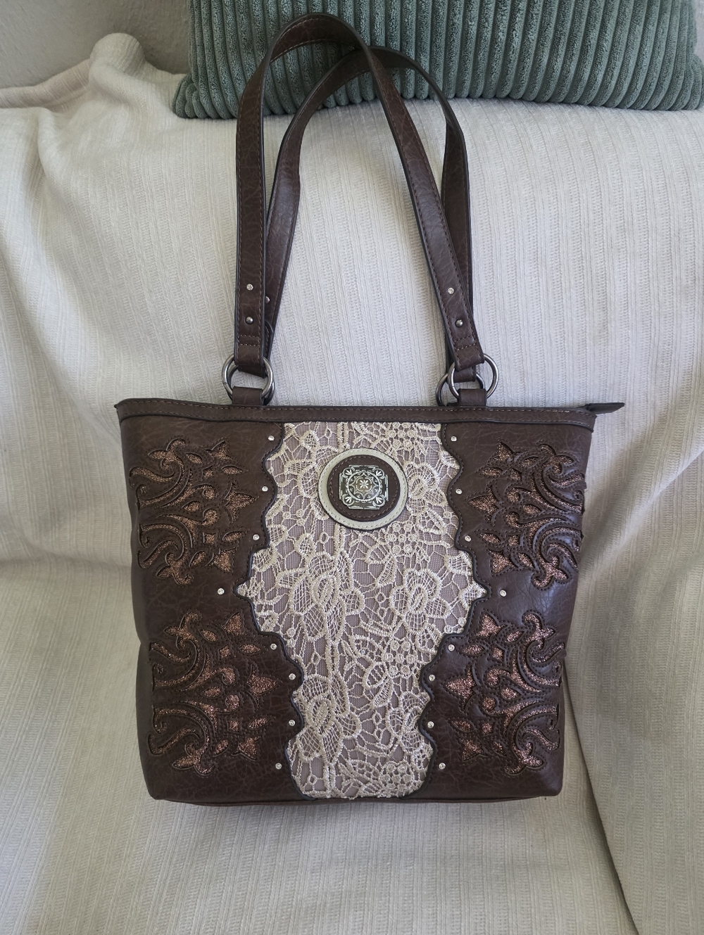 Justin Boots Brown Tote with Cream Lace and Medallion